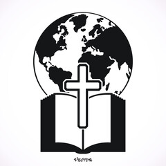 Religious logo symbolizes the Bible reading around the world. The image of the globe, the Bible, the cross as icons.