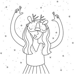 Line art illustration. Happy girl in carnival mask crossed her fingers "for good luck".