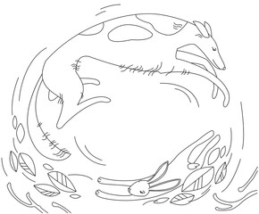 Line art illustration. Hunting dog chasing a hare. The chase follows a circular path. 