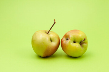 Two ugly apples with flaws on light green background. Selective focus, copy space. Concept - Food waste reduction. Using in cooking imperfect products