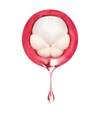 A drop of juice drips from half a mangosteen closeup isolated on white background