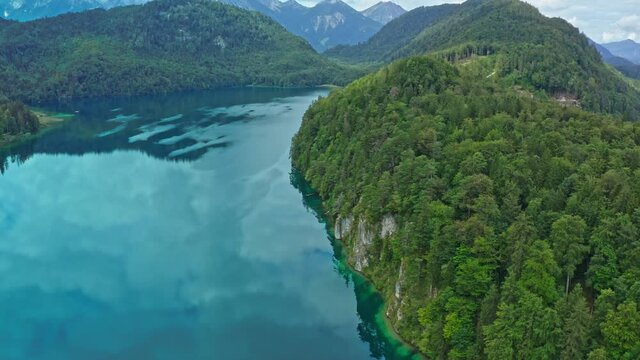 Aerial view of Bavarian Alpsee in summer. Alpsee near Neuschwanstein Castle in Schwangau. 