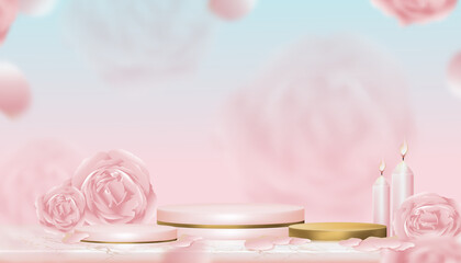 Podium Showcase display English rose, aroma candle with pink and yellow gold stand, Vector illustration Realistic 3D of Pink Gold Cylinder Stand platform  on blurry spring flower background