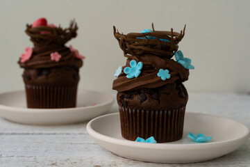 Chocolate easter cupcake with chocolate nest and decorative eggs. Spring flowers. Rustic wood background