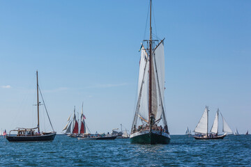 USA, Massachusetts, Cape Ann, Gloucester. Gloucester Schooner Festival, schooner parade of sail.