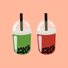 Bubble tea. Modern card with cups of Taiwanese tea with pearls in pastel colors. For printing on brochures, business cards, kitchen decor. Vector graphics.