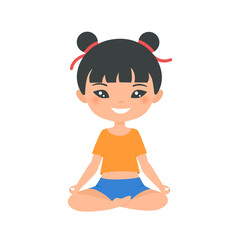 Cute Chinese chibi girl doing yoga, isolated on white background. Cartoon flat style