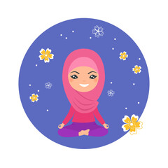 Cute chibi muslim girl doing yoga on blue background. Cartoon flat style