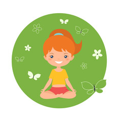 Obraz na płótnie Canvas Cute chibi girl doing yoga on green background. Cartoon flat style