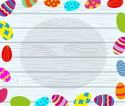 Easter eggs frame on a wooden background. Happy Easter. Vector illustration for design: banner, flyer, advertisement, space for text