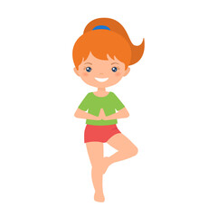 Cute chibi girl doing yoga isolated on white background. Cartoon flat style