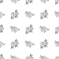 Doodle simple vector seamless pattern of hand-drawn peonies. Seamless random pattern of hand-drawn peonies. Isolated on white background.