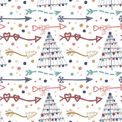 Vector illustration of a christmas tree image in abstract style and arrows. Seamless pattern in Hand Draw Style. For printing on paper or fabric. Poster, congratulation.