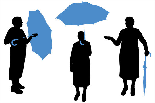 Catching Drops With A Hand. Blue Umbrella Is Open And Closed. Woman Raised An Umbrella Above Oneself. Illustration Of A Silhouette Of A Senior Woman. Black Silhouette Isolated On A White Background.