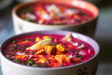 Traditional lithuanian cold soup with beet and eggs