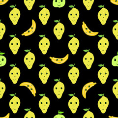 Seamless vector background with cute lemon and banana fruits. Decorative pattern