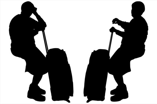 Traveler with baggage is sitting in the waiting room. Old woman with a bag on wheels awaits departure. Grandmother sits and looks at the wristwatch. Tired older tourist. Flight delay. Black silhouette
