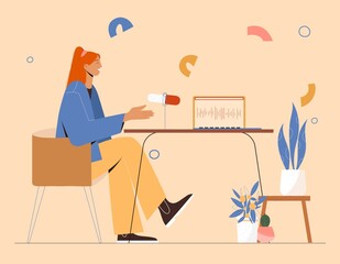 Podcast concept, girl sitting in armchair talking in microphone, recording stream. Vector illustration in flat style