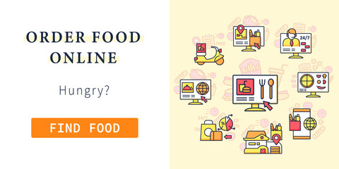 Online food web banner. Consists of online menu, free shipping, dark store, food for pets, ghost kitchen . Online order food website interface idea with icons. Template for landing, web page, layout