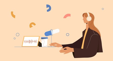 Podcast concept, girl talking in microphone in headphones, recording stream. Vector illustration in flat style