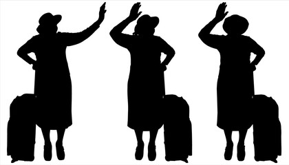 Illustration of a older woman with baggage and a hat. Grandmother in a hat with luggage on wheels. Line of tourists. Older women stand with luggage and wave their hands. Meeting with guests.	