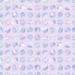 Pastel seamless pattern. Blue and pink marble pattern on pink background. Polka dot abstract background. Acrylic marble circles in blue color for web design and print.