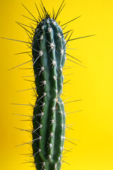 Green cactus with needles on a yellow background