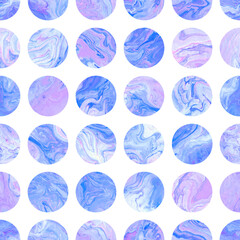 Seamless blue and lilac marble pattern. Polka dot abstract background. Acrylic marble circles in blue color for web design and print.