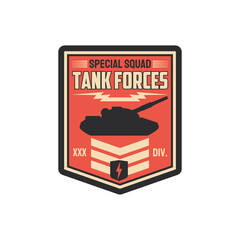 Tank forces special squad isolated military chevron of armored division. Vector combat equipment, us infantry patch on uniform, survival heavy troops with tank tracks. Officer insignia, armed forces