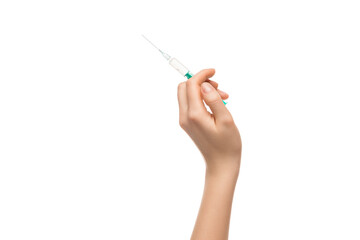 Injection syringe in woman's hand on white background, isolated.