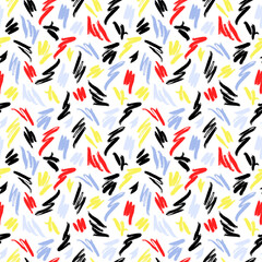 Seamless pattern. Abstract modern print for wrapping paper, fabric, etc. Red, black, yellow, blue lines and brushstrokes on white background.