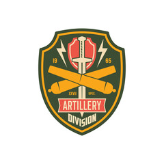 Fototapeta premium Artillery army unit to defense in battle isolated american fighting forces seal, patch on officer uniform. Vector artillery division military chevron with sword, crossed bomb rockets, infantry troops