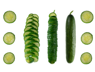 Fresh cucumber covered with chunks on white background isolated