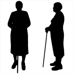 Retired. Illustration female silhouette, senior citizens. Two grandmothers lean their hands on sticks. Black silhouette isolated on a white background. Side view: profile, front view: full face