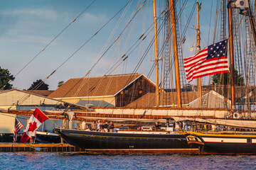 USA, Massachusetts, Cape Ann, Gloucester. Gloucester Schooner Festival, schooners at dusk