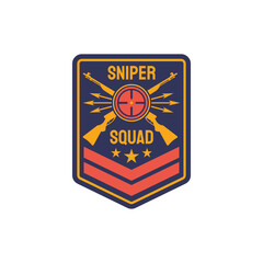 Armored troops emblem isolated sniper squid with crossed rifles and aim target. Vector special sniper squad military american soldier chevron insignia, army patch. Mascot of gunpoint or barrel of gun