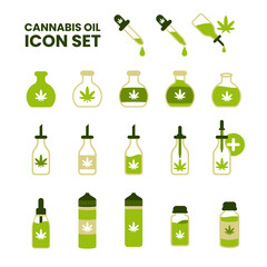 Cannabis oil in glass medical bottles icon set. Set of vector CBD oil icons with droplets, dropper bottles, eyedroppers, pipette, vape juice bottles in outline and solid style. Isolated on white bg.