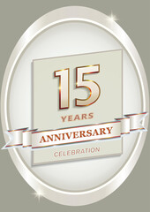 Anniversary 15th celebration. Logo template with 15 years in silver oval with decorative ribbon, vector design for celebration, invitation card and greeting card,logo, template