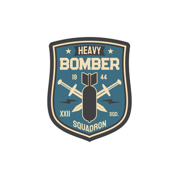 Patch on officer uniform isolated army insignia of heavy bomber, bomb and crossed swords. Vector patch, label on military apparel, squadron division. Aviation bomber jet fighter, bombing aircraft