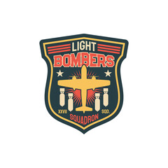 Patch on officer uniform isolated army insignia of bomber division, aircraft and flying bombs. Vector bombing aircraft, label on apparel. Aviation bomber jet fighter, squadron military division