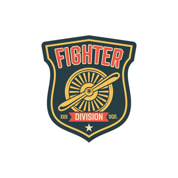 Aviation military division squad, army chevron insignia of airplane fighter propelled jet emblem isolated patch on officer uniform. US aircraft, retro wwii plane, attack defend interceptor