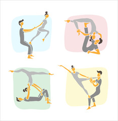 Set of hand-drawn vector illustrations showing a couple working out together and doing various yoga poses