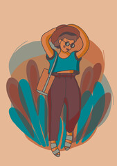 Fashionable female character on abstract floral background. Flat hand drawn vector illustration