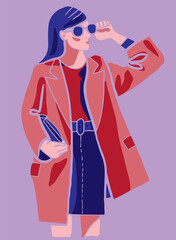 Businesswoman wearing red jacket and sunglasses, holding a document case. Flat minimalist vector illustration