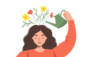 Thinking positve as a mindset. Woman watering plants that symbolize happy thoughts. Flat vector illustration
