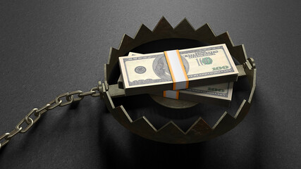 Stack of money dollars as bait inside the trap. Concept money lures you into a trap. A bear trap with a chain. 3d render