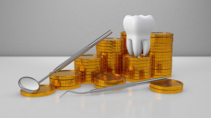 Gold coins money and a tooth with a dental mirror. Expensive dental treatment. Dental insurance. 3d render