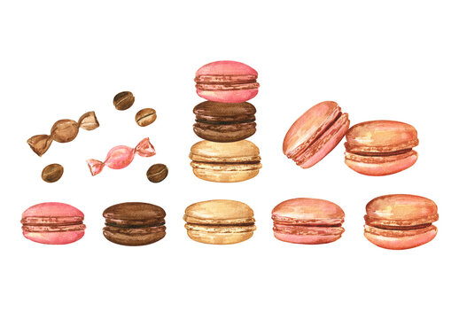 Macaroons watercolor illustration on white isolated background. Cocoa, berries and coffee flavored cookies. Traditional French pastry. Cute set for stickers, cafe and menu design, product tags.