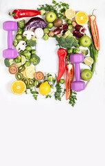 Banner for sports nutrition and healthy food. Vertical flat lay