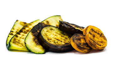 Grilled carrot slices eggplant  zucchini isolated on white background